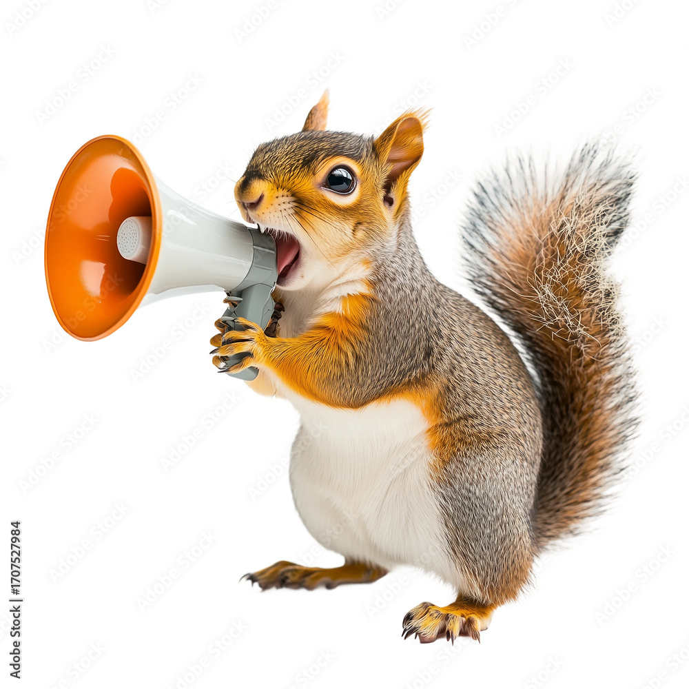 Fototapeta premium Squirrel holds megaphone,PNG,transparent background,clipart,concept of animal advertising