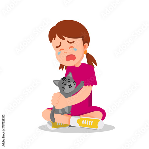 A little girl crying on the floor while hugging a comforting cat