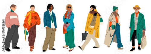  Set of stylish men and women in fashionable fall outfits, coats, jackets, sweaters, and scarves. Full length, walking and standing, Vector illustrations isolated on transparent background