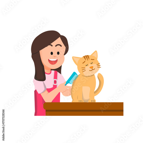 A little girl brushing the fur of a cat