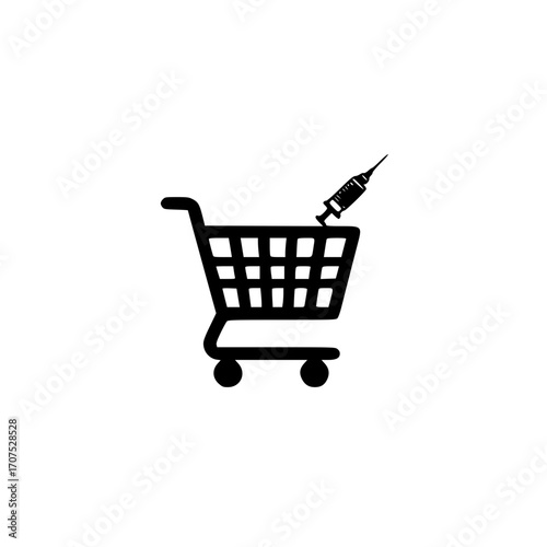 Medical syringe in shopping cart for health product retail and pharmacy vector graphic design