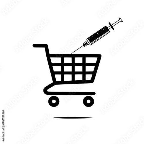 Syringe placed inside shopping cart for pharmacy and wellness themed vector graphic design
