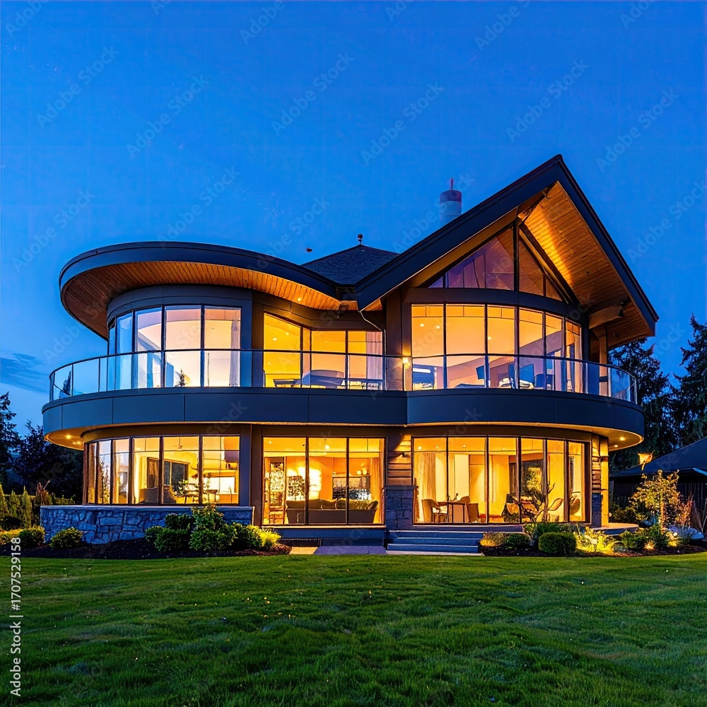 Fototapeta premium Modern waterfront home at twilight