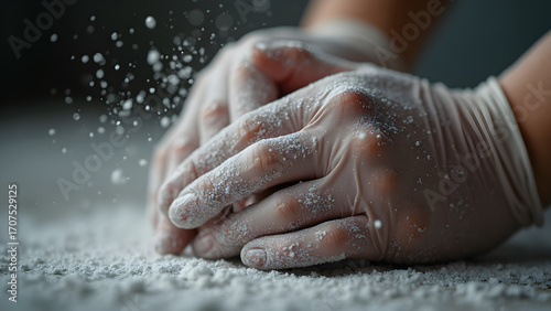 latex gloves application. talcum powder usage. realistic hand imagery. medical glove tips.