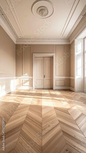 Empty room with light wood parquet floor
