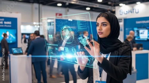 Middle Eastern woman interacts with futuristic transparent display at tech event