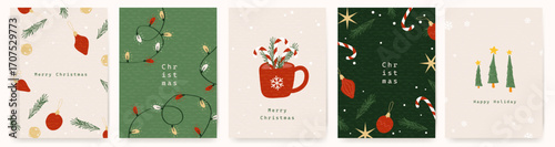 Merry Christmas and Happy New Year poster banner set with festive decorations, postcard layout, winter elements, and elegant holiday design for social media, greetings, and promotion.