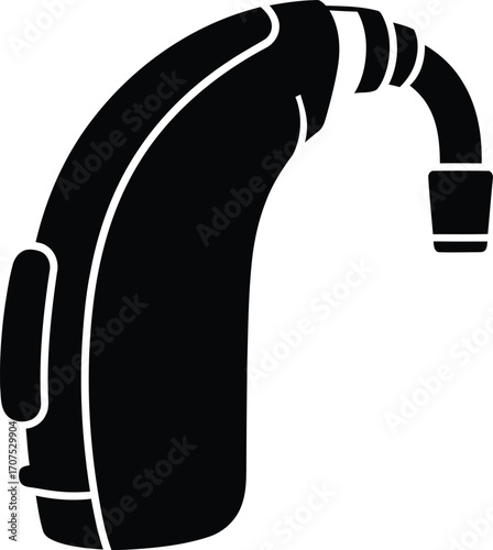 A simple black silhouette icon of a modern behind-the-ear hearing aid for hearing assistance.