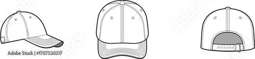 Baseball cap vector mockup, side front back view, snapback hat template, fashion headwear design, editable cap outline, apparel illustration