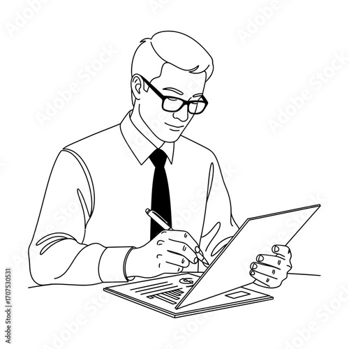Crisp Vector Silhouette of a Male Accountant Annotating a Financial Report