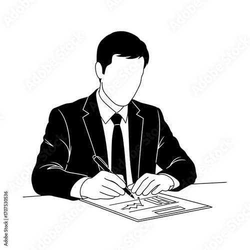 Crisp Vector Silhouette of a Male Accountant Annotating a Financial Report