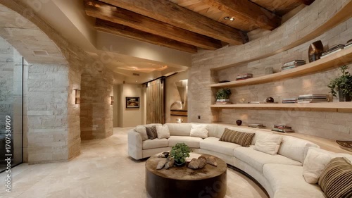 Lounge with custom curved wall shelves, open beam ceiling, and seamless travertine flooring