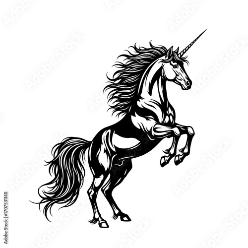 Elegant Vector Silhouette of a Majestic Unicorn Rearing Upward