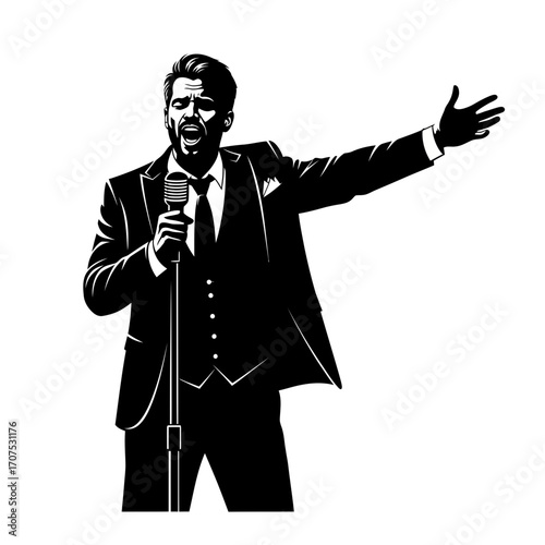 Elegant Vector Silhouette of a Male Actor Singing Powerfully on Stage