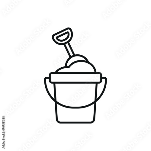 Bucket and spade with sand icon in line style for seaside and summer themes.