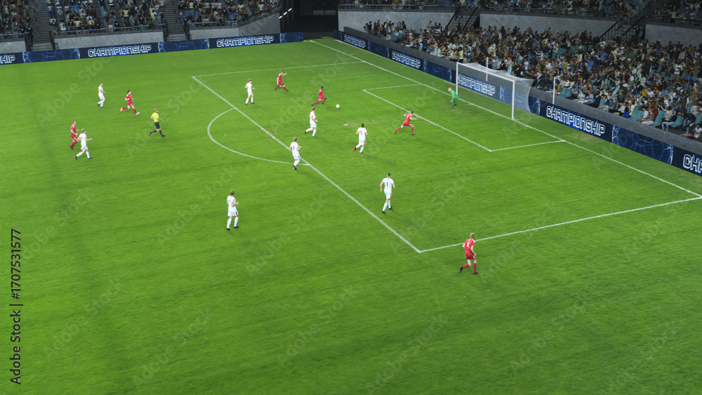 Obraz premium Soccer Football Championship Gameplay: Red and White Teams Players Play a Tournament Game. Sport Channel Live Television Broadcast. Photo Template for Screen Replacement