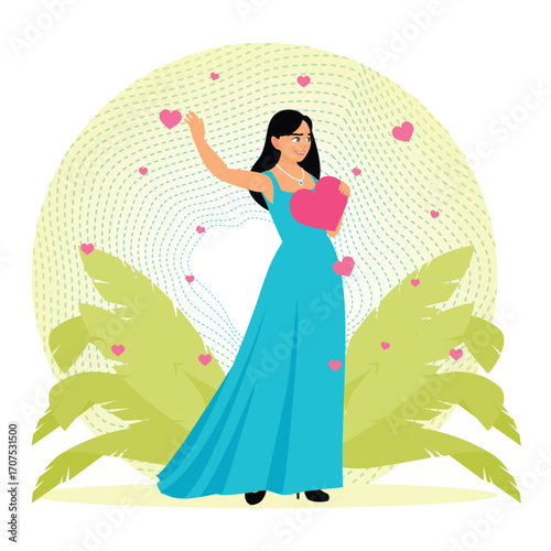 Feeling self love concept. Elegant Woman Holding Heart Shape in a Romantic Nature Setting.