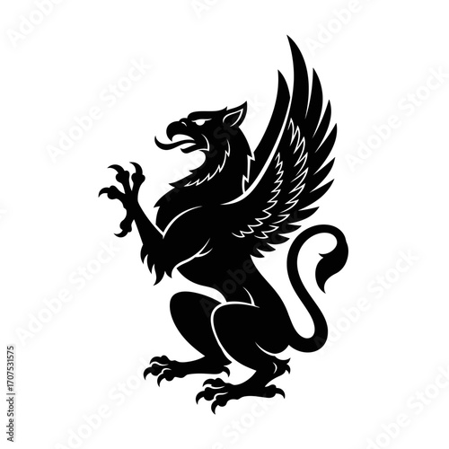 Stylized Heraldic Vector Silhouette of a Proud Griffin Perched
