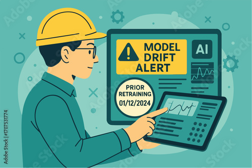 Engineer monitoring AI model drift alert on tablet with retraining date badge Illustration
