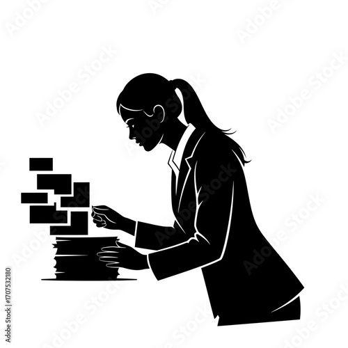 Modern Vector Silhouette of a Female Auditor Examining Financial Documents