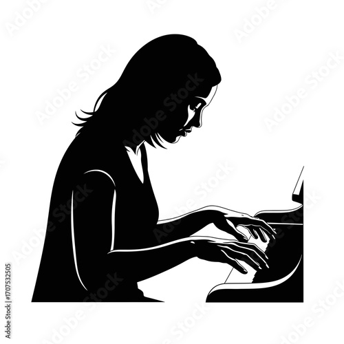 Melodic Vector Silhouette of a Female Actor Playing Piano with Focus