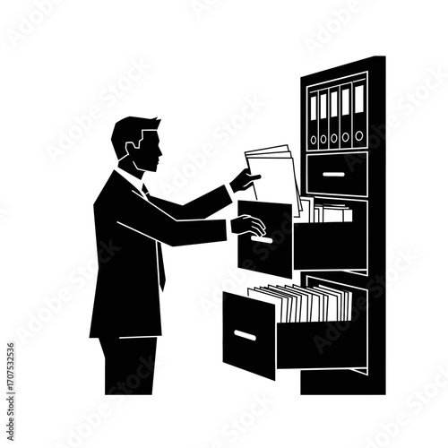 Silhouette of a Male Assistant Systematically Filing Documents