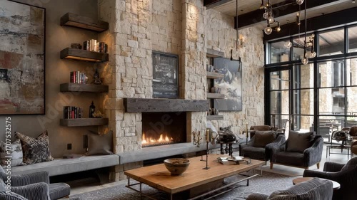Lounge with ribbed velvet chairs, natural stone fireplace, floating shelves, and bronze lighting