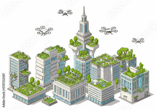 Futuristic Eco-Friendly Cityscape with Green Roofs.