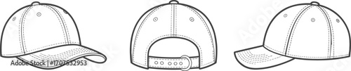 Baseball cap vector, front back side view, curved brim snapback, cap mockup template, apparel design, blank hat illustration