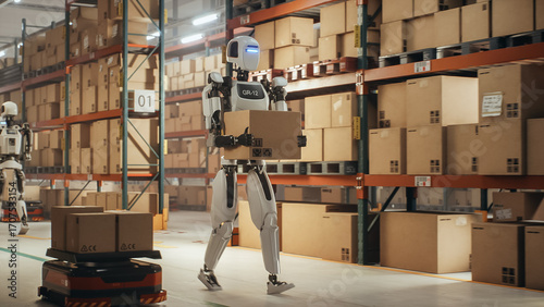 Artificial Intelligence Robot Holds a Carton Package while Navigating a Busy Storage Facility with Automated Machinery and Organized Inventory Racks