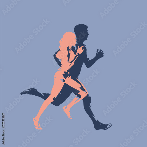 Group od running people, man and woman. Run, vector isolated silhouettes, side view