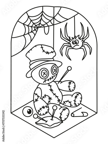 Halloween. Voodoo doll. Coloring page for children. Cute spooky corner.