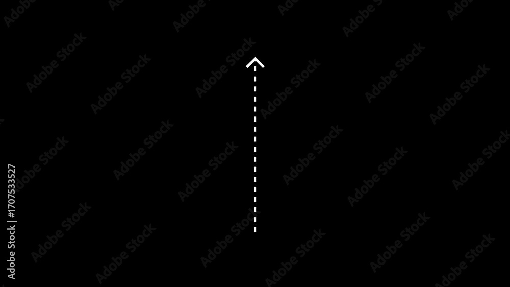 Up arrow direction icon with dotted line animation on Black background. dot arrows icon sign animated with alpha channel. white straight arrows animation. Reveal animation of solid, dashed. 