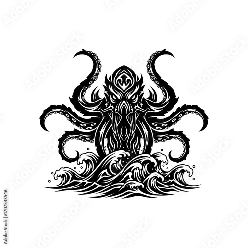 Colossal Vector Silhouette of a Legendary Kraken Rising from Ocean Waves