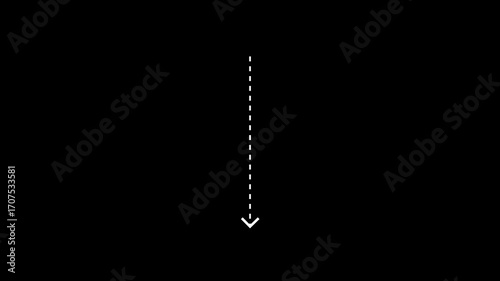down arrow direction icon with dotted line animation on Black background. dot arrows icon sign animated with alpha channel. white straight arrows animation. Reveal animation of solid, dashed. 