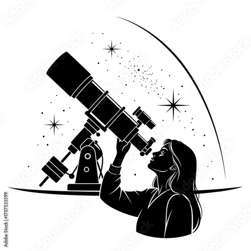 Silhouette of a Female Astrophysicist Observing a Telescope - Cosmic Exploration