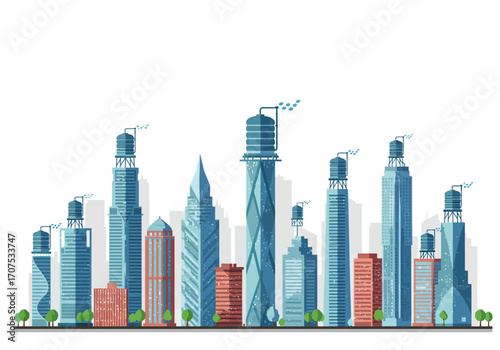 Futuristic Cityscape with Water Towers.