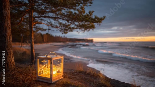 Gift box illuminated by warm lantern-style glow placed on shore beside pine trees and gentle waves