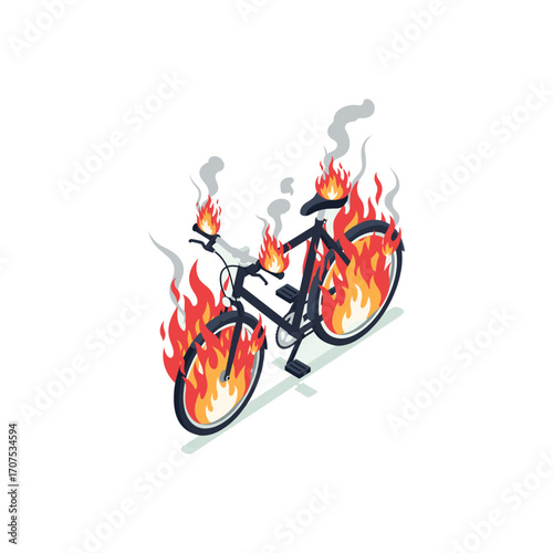 Isometric a bicycle on fire icon logo flat vector design