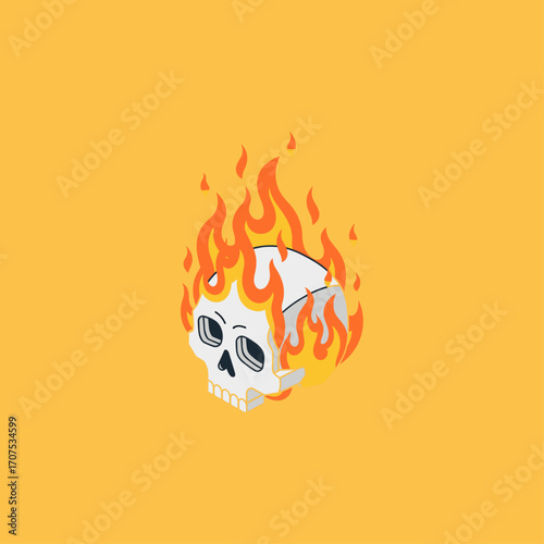 Isometric a skull on fire icon logo flat vector design