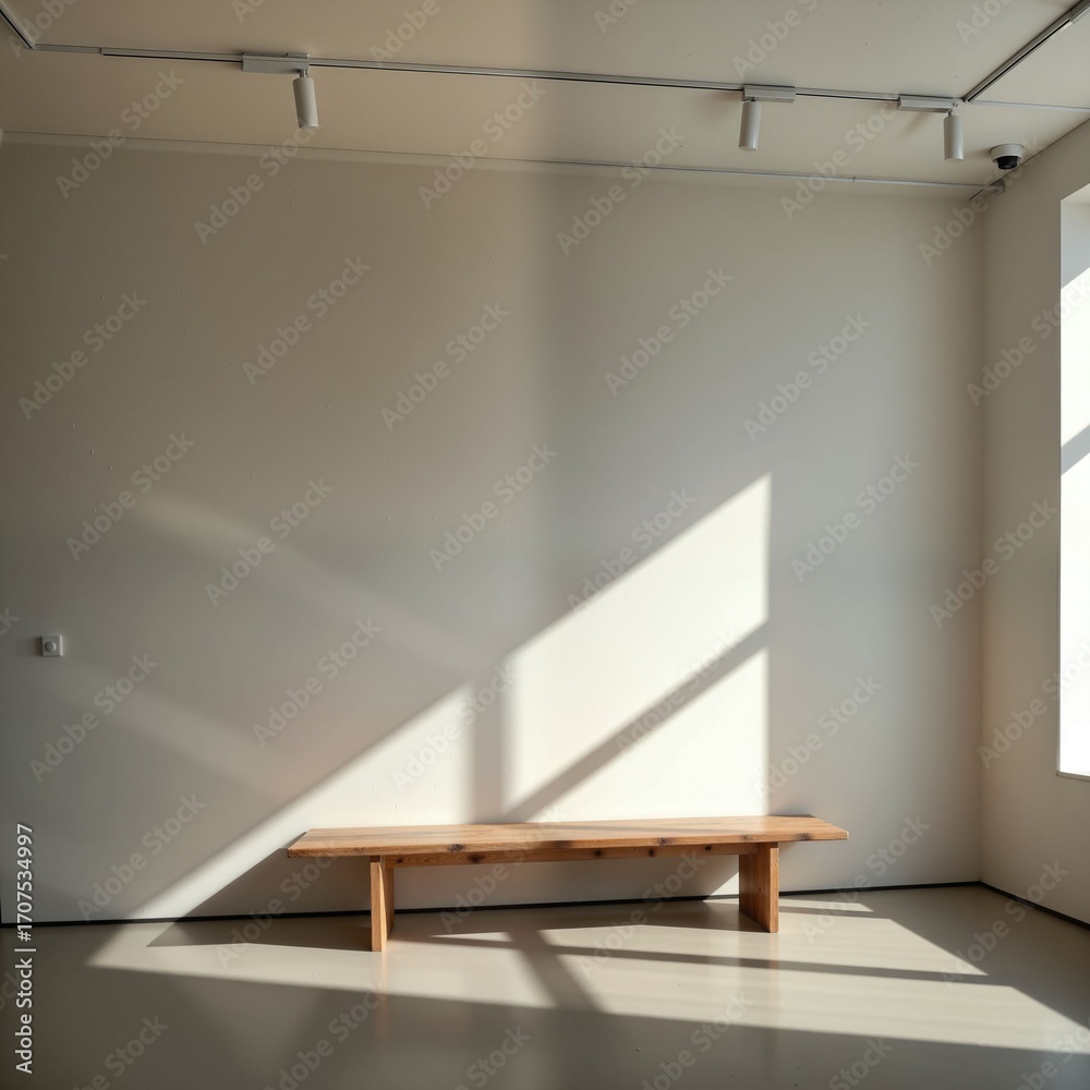 Fototapeta premium Minimalist interior with sunlight casting shadows on wooden bench