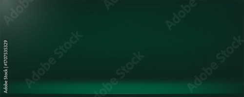 Dark green gradient background. Deep neutral walls in the room. Minimal scene with table in natural forest colors. Template with empty desk for makeup presentation. Vector banner illustration.