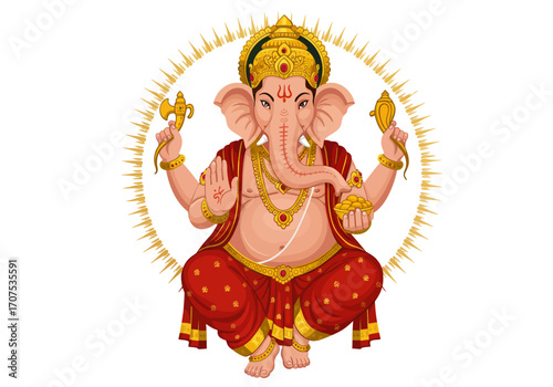 Elephantheaded deity sitting in meditation adorned with gold jewelry and a radiant halo