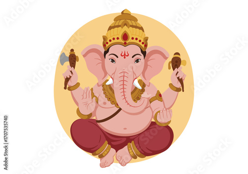Ganesh sits crosslegged with an axe and treat adorned with jewelry and a crown against a circular backdrop