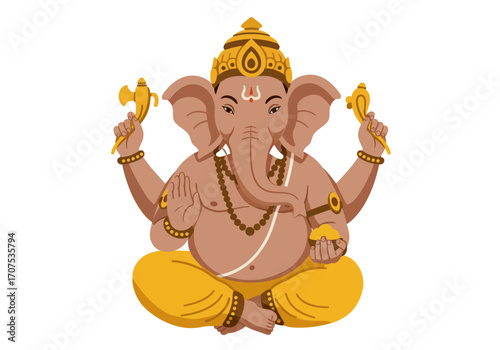 Ganesha a Hindu deity sits in lotus position wearing yellow and gold colors