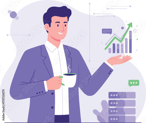 Man holding coffee cup viewing hologram line graph with rising trend Illustration