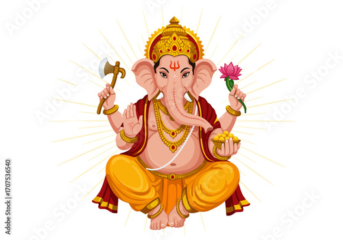 Ganesha Hindu deity seated with axe lotus and gold coins radiating divine light