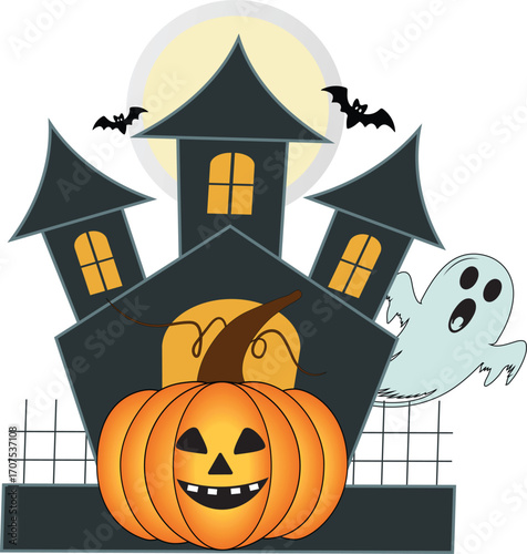 Flat Halloween Illustration With Haunted House, Pumpkin Jack O'Lantern, Ghost And Flying Bats. Happy Halloween Vector Design.