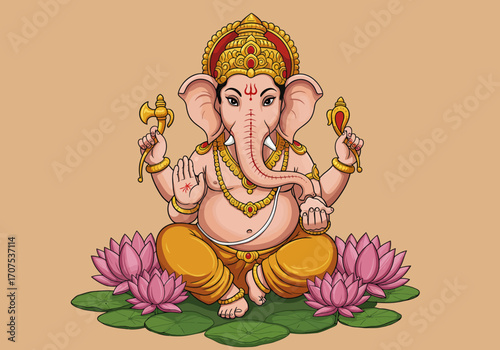Ganesha sits crosslegged atop lotus flowers He holds an axe and a sweet He wears ornate gold jewelry and a crown