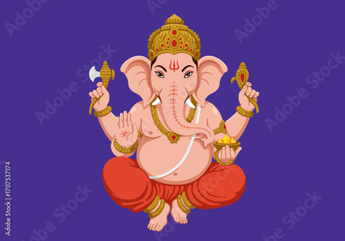 Ganesha sits crosslegged gold crown holding bowl axe and flower Red pants purple background
